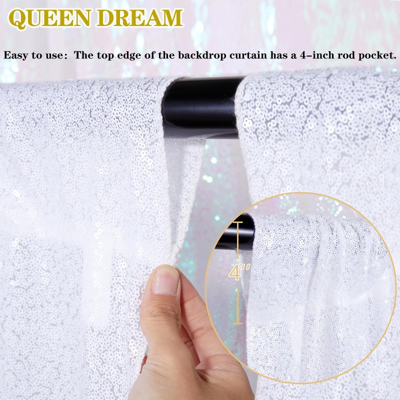 QueenDream White Sequin Backdrop 2 Panels Curtains 2FTx8FT Party Backdrop Glitter Birthday Wedding Curtains Sparkle Photo Background - Image 4